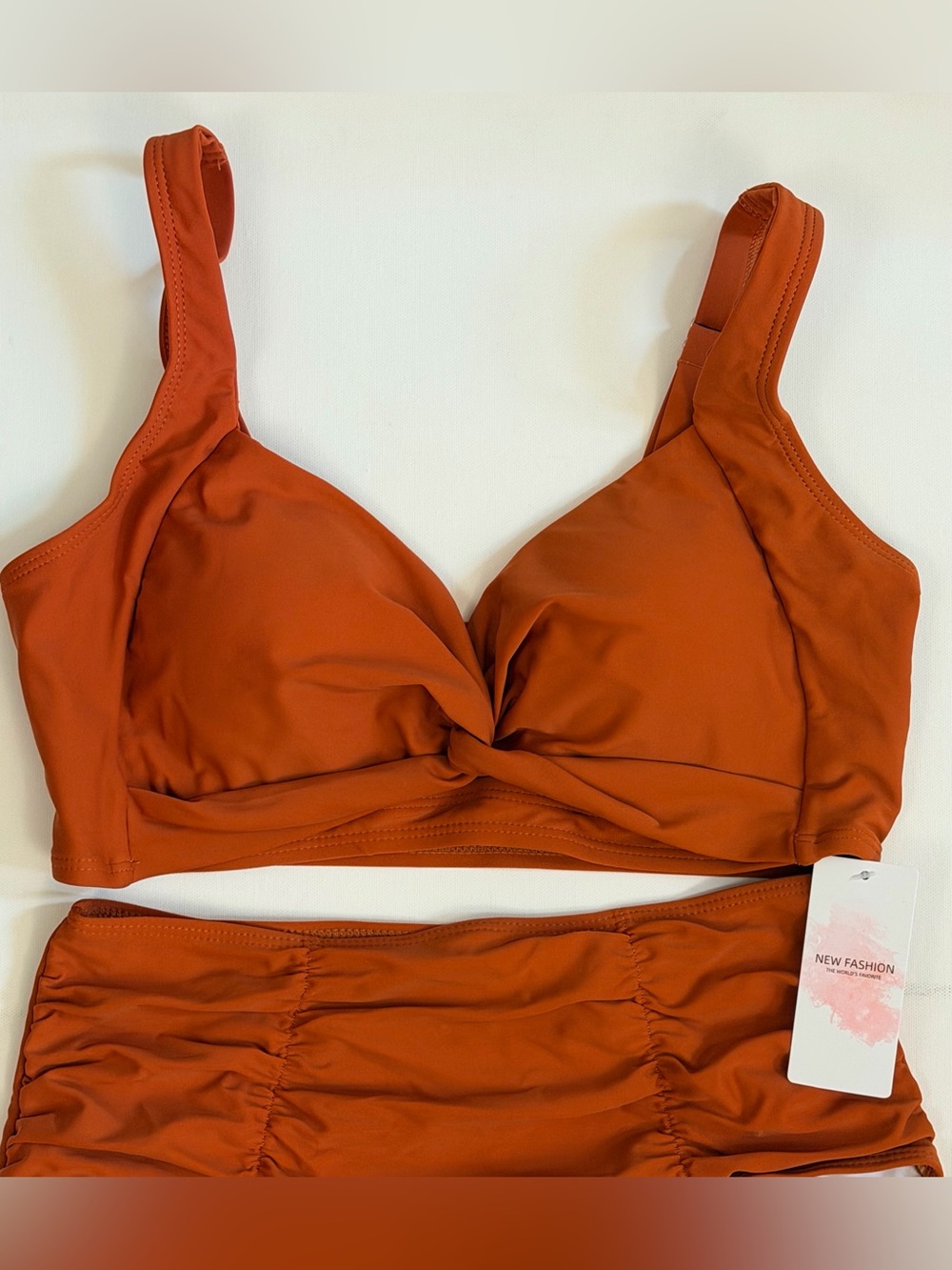 Twist-Front Wide Straps High-Waist Tummy Support Bikini Set in Burnt Orange Med. - Picture 9 of 11